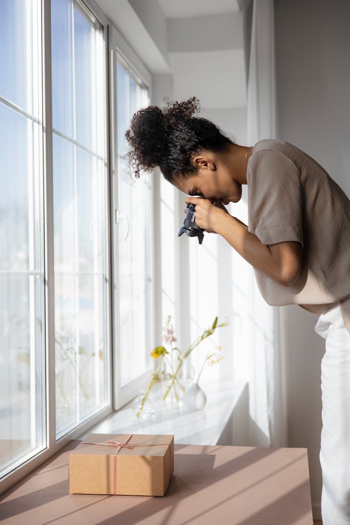 A focused businesswoman capturing a product photo using a digital camera by the window.