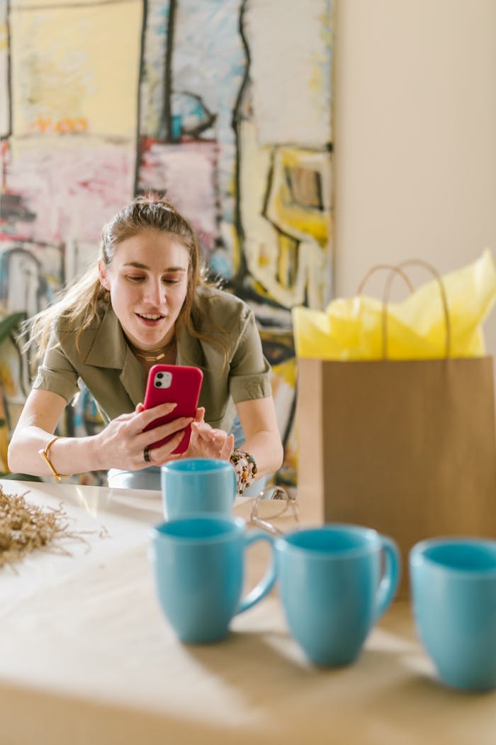 Woman using smartphone surrounded by cups and bag, ideal for online business themes.